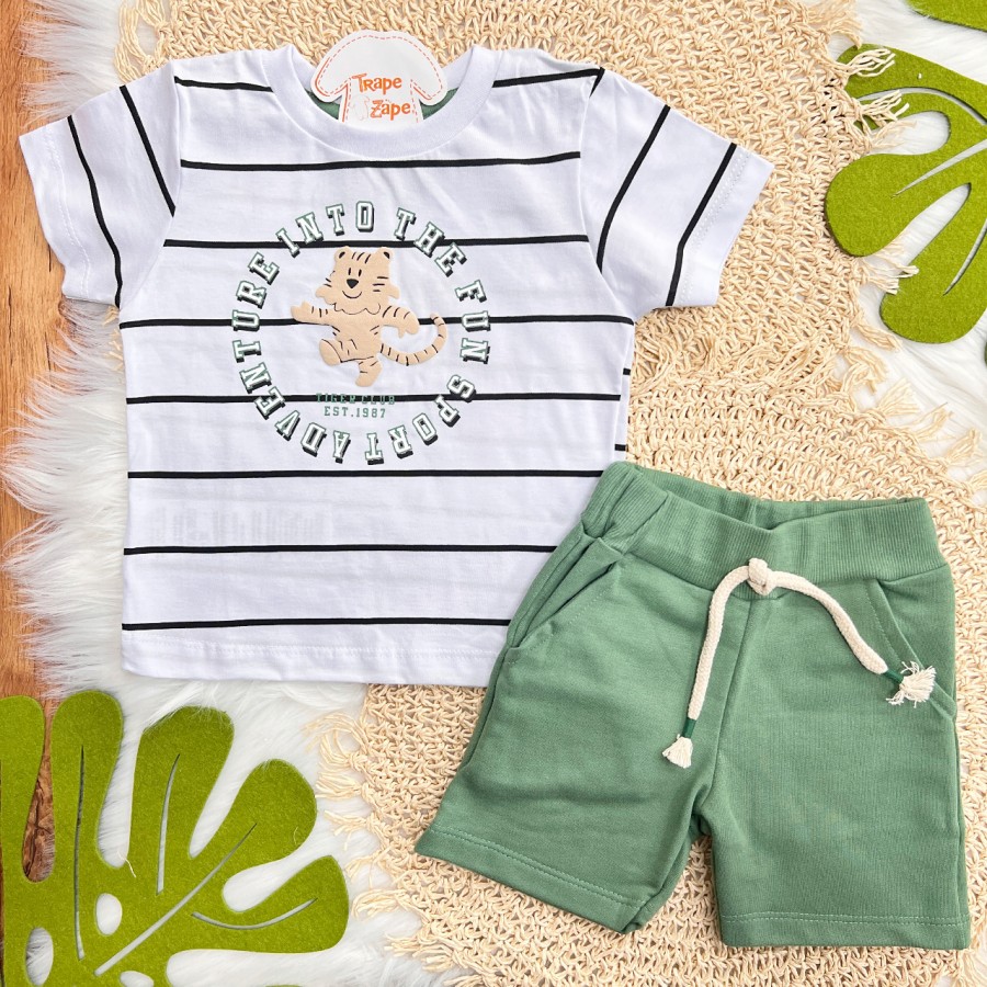 Conj. Camiseta Tiger Club e Bermuda em Moletinho - Branco e Verde